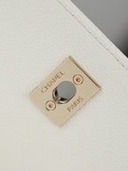 Gold Chanel Paris logo plate on white textured leather bag