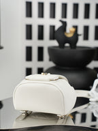White bucket bag with chain strap and gold-tone hardware, side view