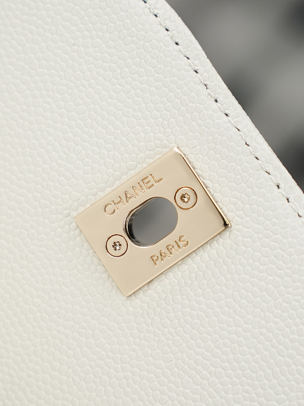 Close-up of gold metal logo plate on white bag flap