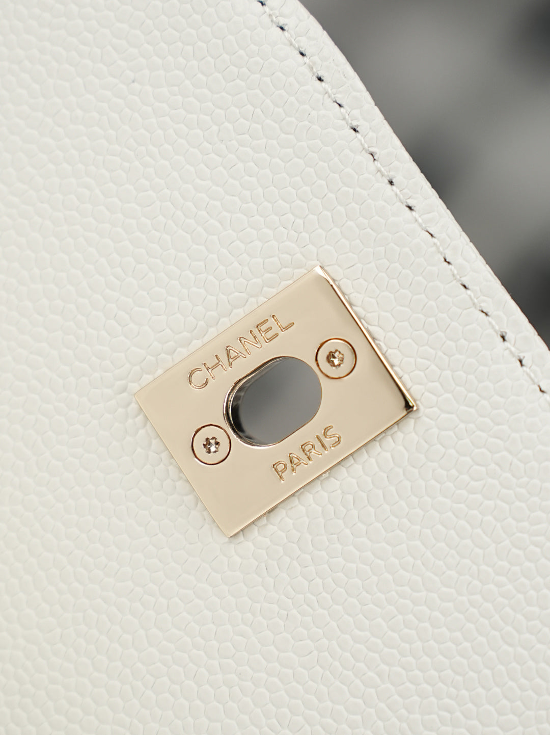 Close-up of gold metal logo plate on white bag flap