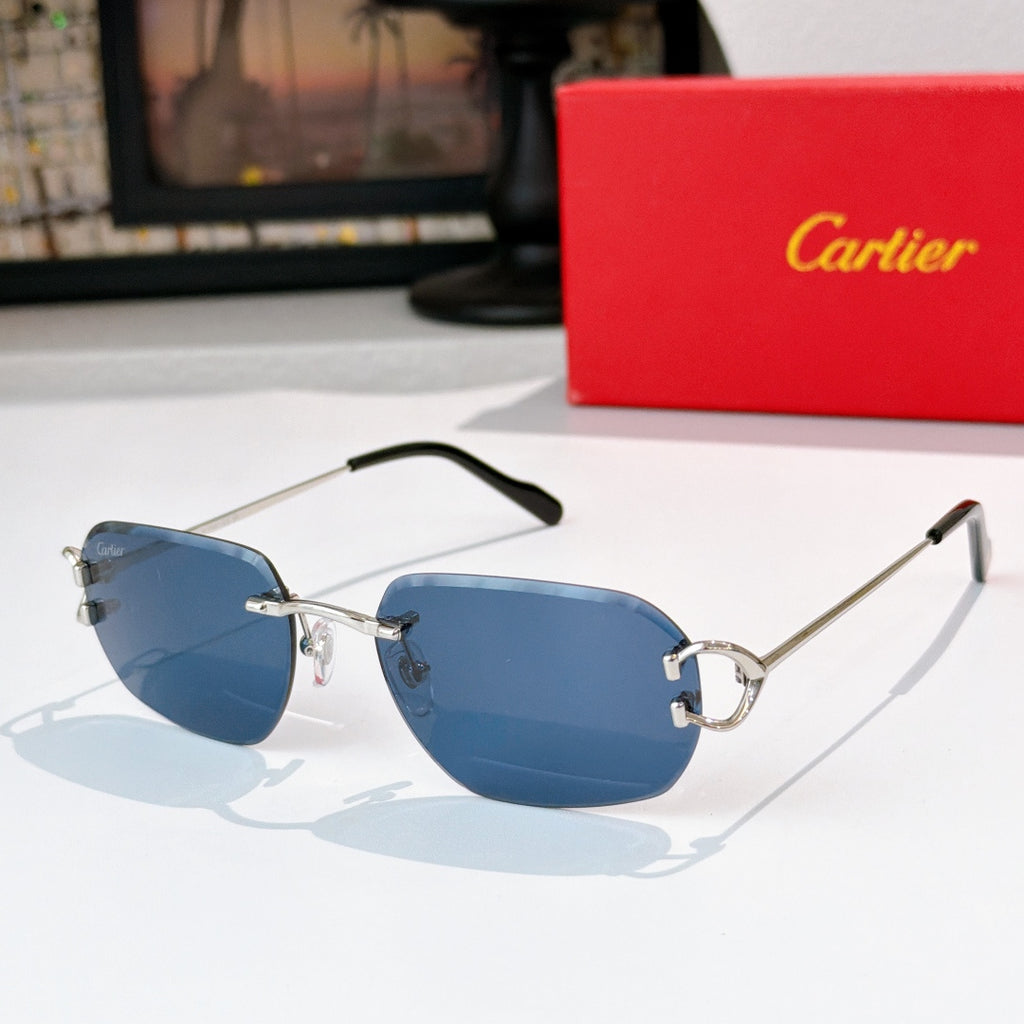 Aviator sunglasses with silver frame and dark blue tinted lenses