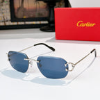 Aviator sunglasses with silver frame and dark blue tinted lenses