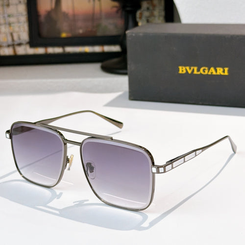 Sunglasses with dark metal frames and violet gradient lenses, rectangular rounded shape