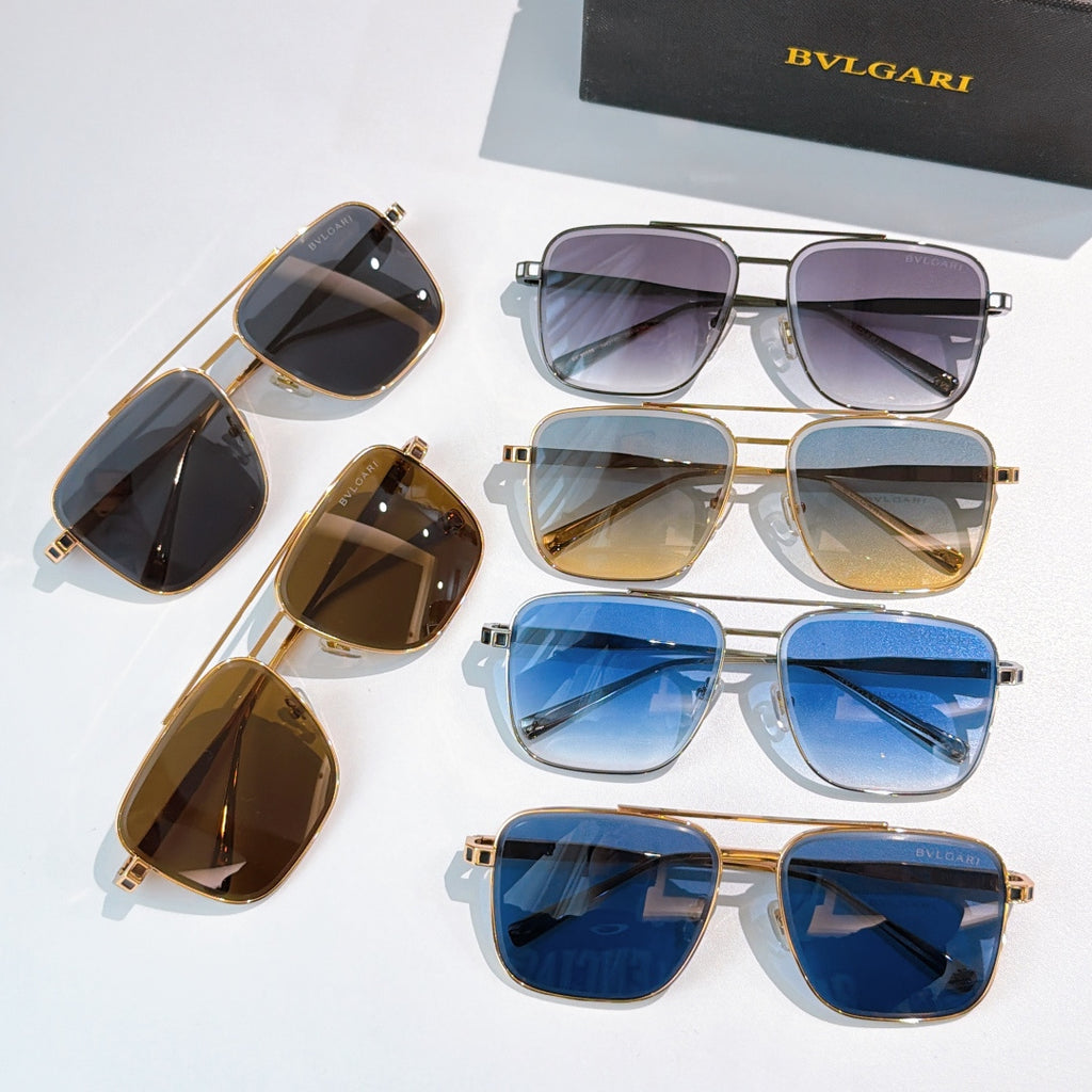 Sunglasses collection with dark, gold, and blue frames and gradient lenses, six pairs shown