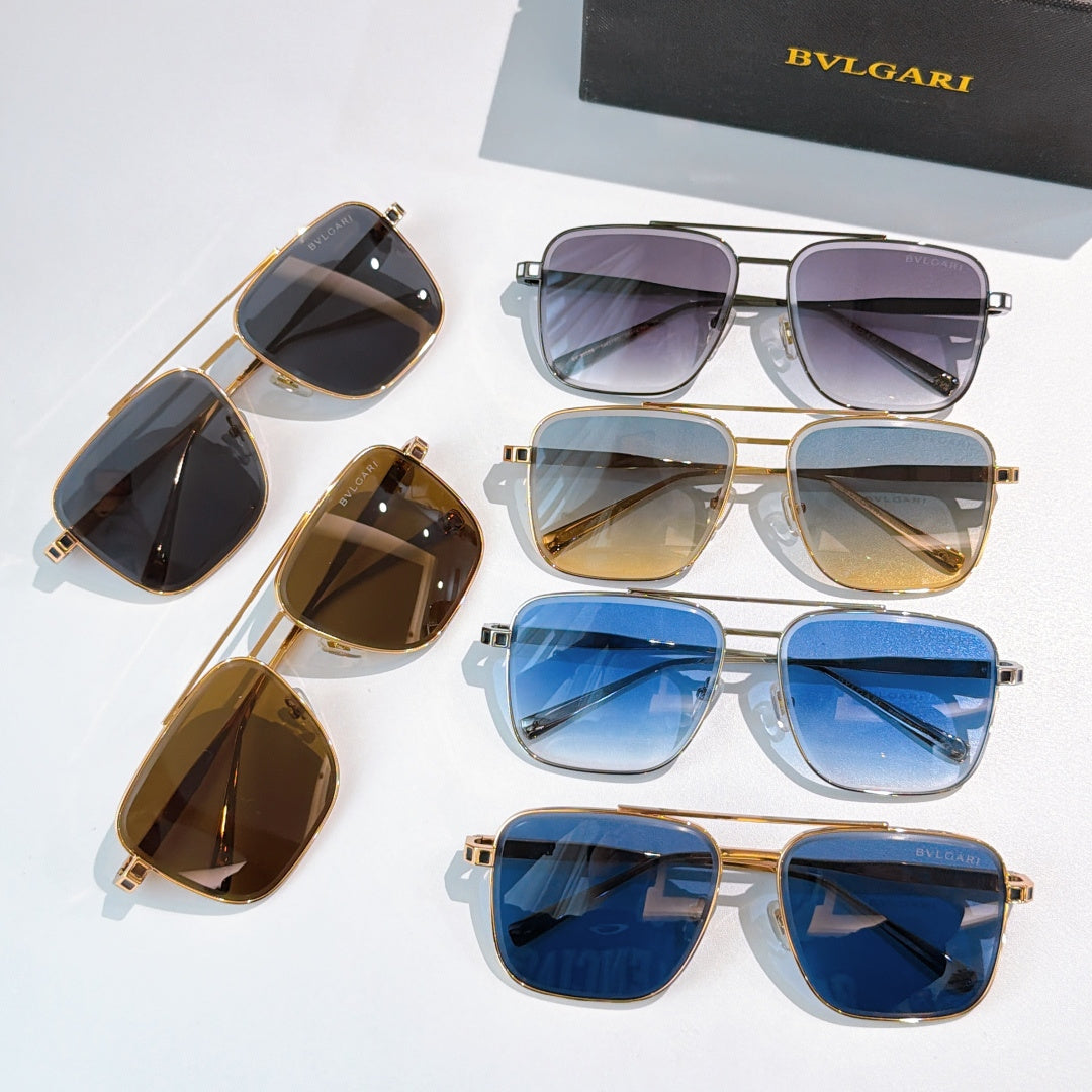 Sunglasses collection with dark, gold, and blue frames and gradient lenses, six pairs shown