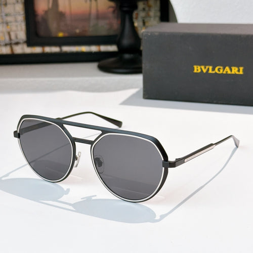 Bvlgari round black sunglasses with dark gray lenses and metal arms