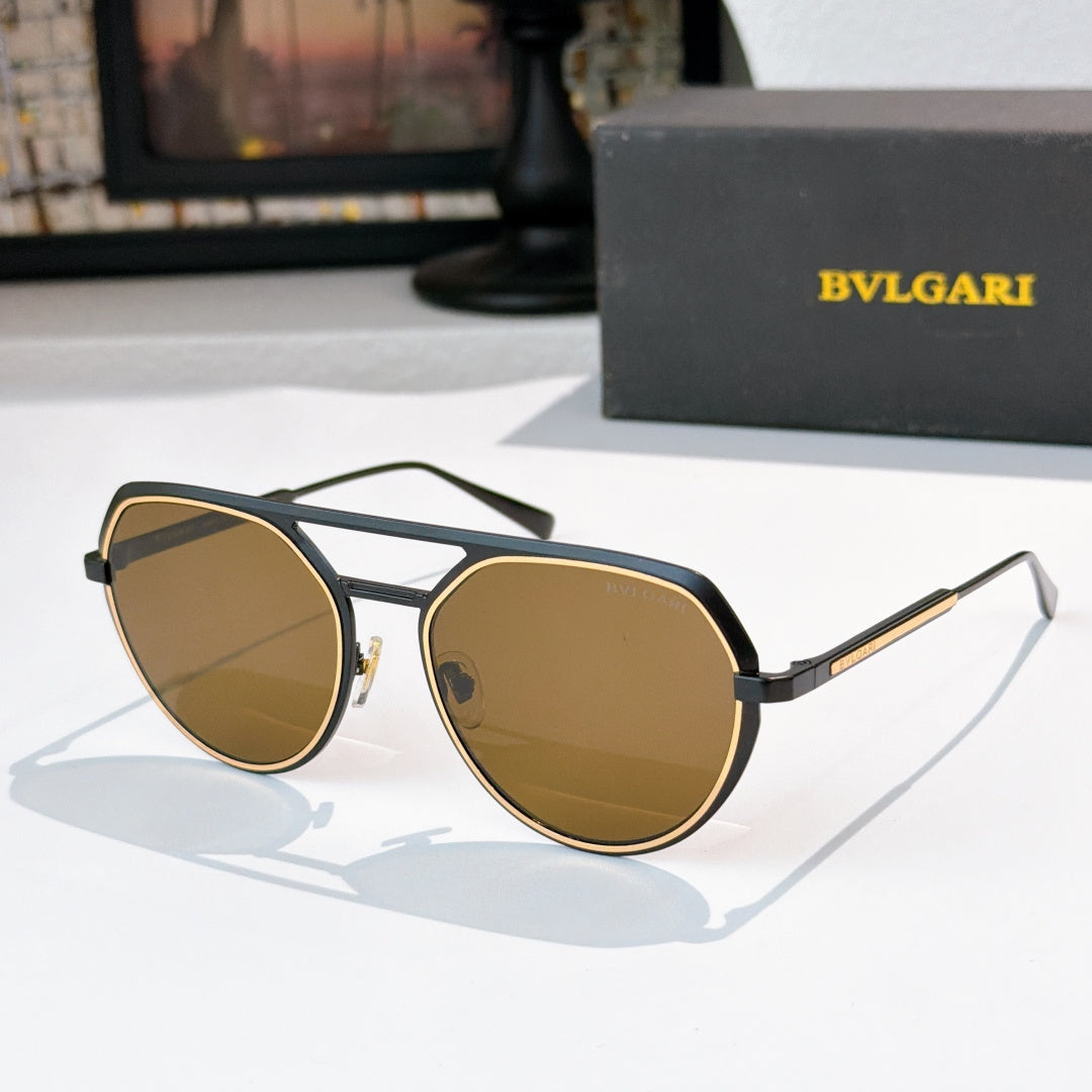 Bvlgari round sunglasses with black frames, brown lenses, and gold accents