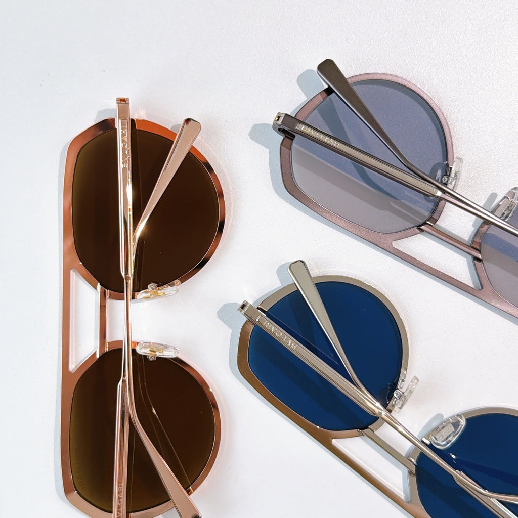 Bvlgari sunglasses close-up showing brown and blue lenses on frames
