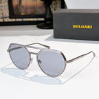 Bvlgari round silver sunglasses with light blue lenses and metal temples