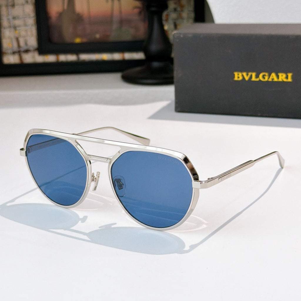 Bvlgari round light frame sunglasses with blue lenses and metal temples