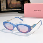 Light blue oval sunglasses with pink-tinted lenses and silver-toned temple accents