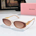 Cream oval sunglasses with rose-tinted lenses and gold temple details