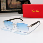 Sunglasses with gold frames and light blue tinted lenses, rectangular cat-eye shape