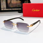 Sunglasses with gold frames and dark purple-tinted lenses, rectangular cat-eye shape