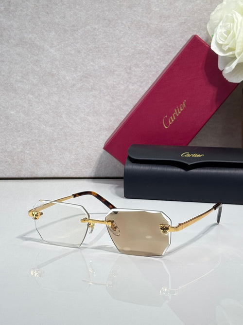 Cartier rectangular eyeglasses with gold frame, clear lenses, gold bridge detail