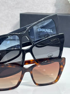 Chanel sunglasses stack view with black and tortoiseshell frames, tinted lenses