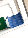 Goyard blue crossbody bag with patterned canvas, leather trim, and front flap pocket