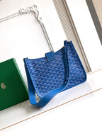 Goyard blue tote-style bag with patterned canvas, front flap, and structured top opening