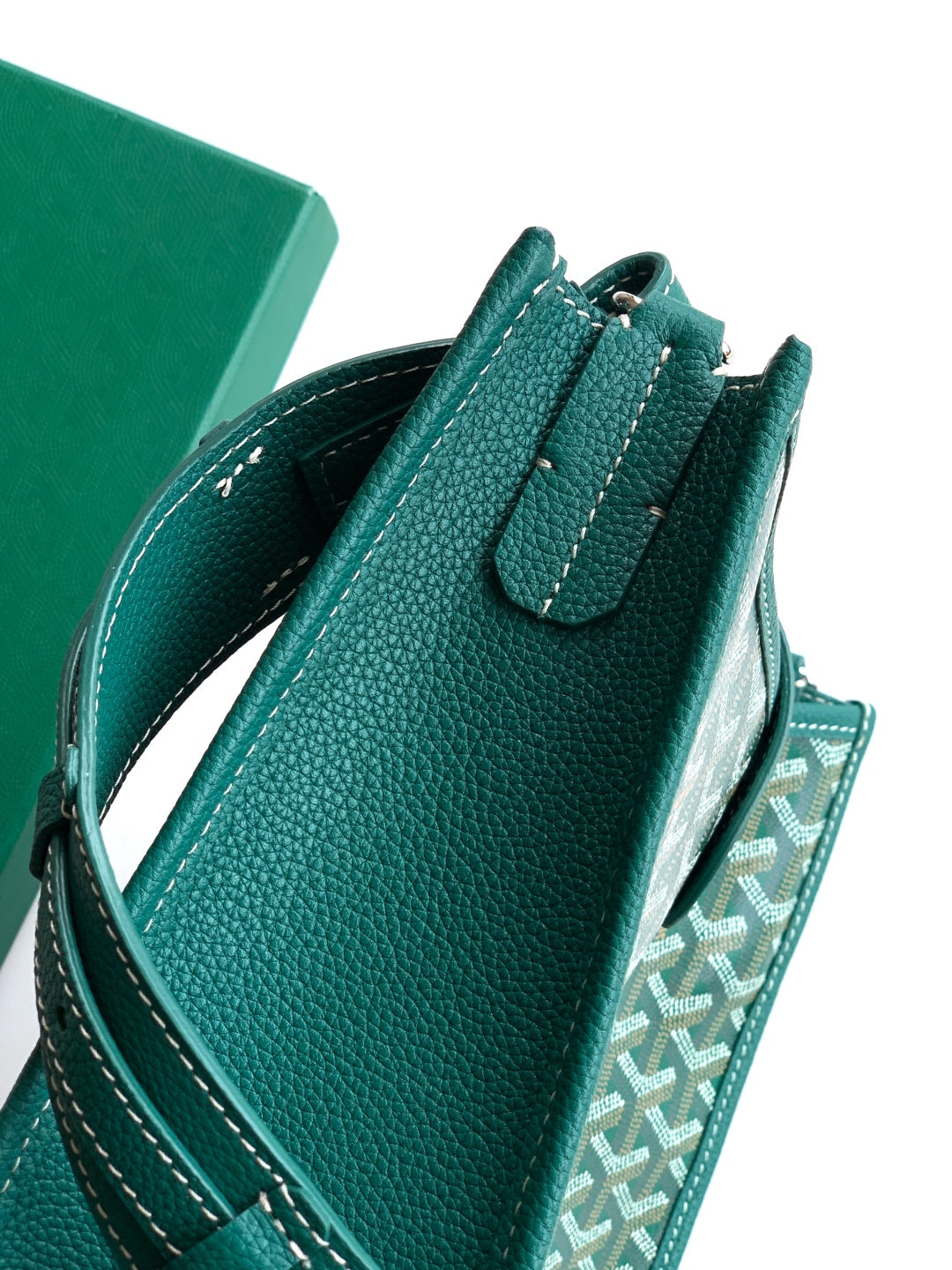 Teal leather and patterned canvas Goyard bag with top handle strap detail