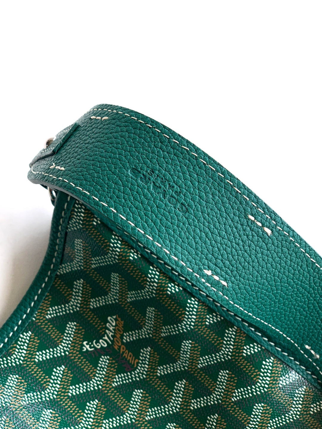 Teal leather top flap and patterned canvas side pocket on Goyard bag
