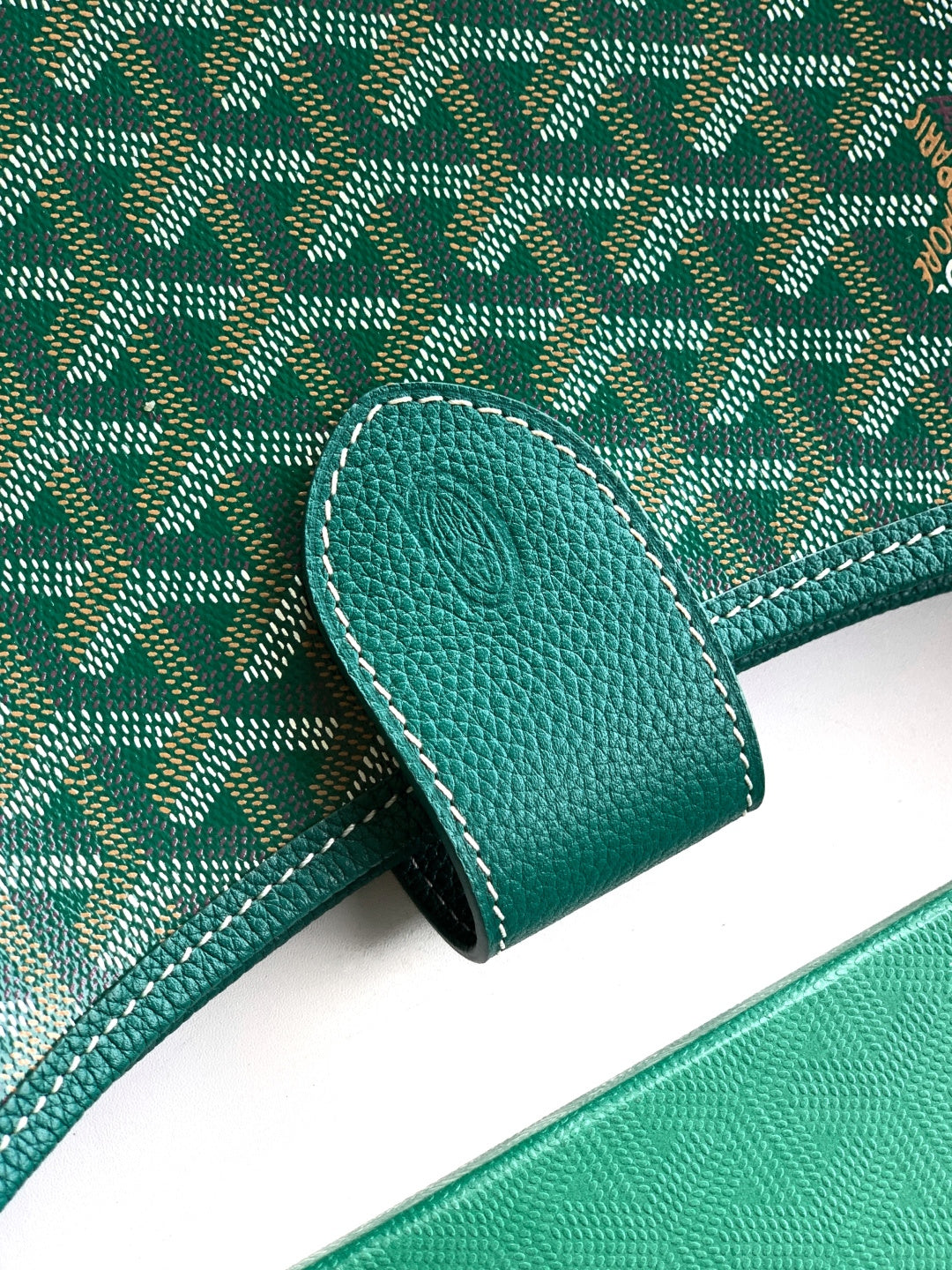 Teal leather trim on patterned canvas Goyard bag corner with stitched edge