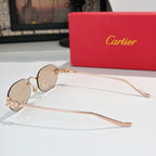 Cartier glasses, rose-gold frame, side view with tinted light lenses