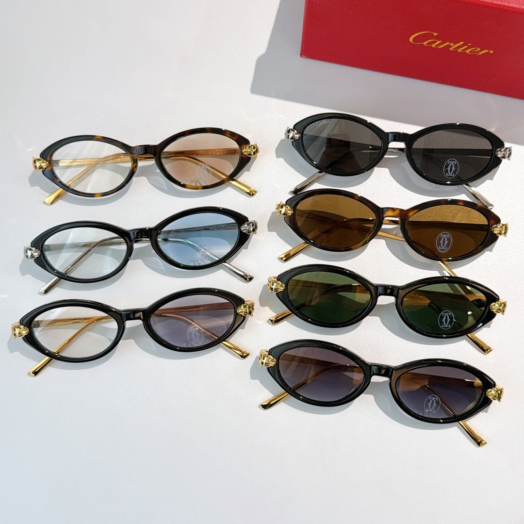 Assorted oval sunglasses with gold accents, including dark, blue, brown, green, and clear-tint styles.