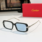 Cartier glasses with black frames, light-blue lenses, and silver-toned temples