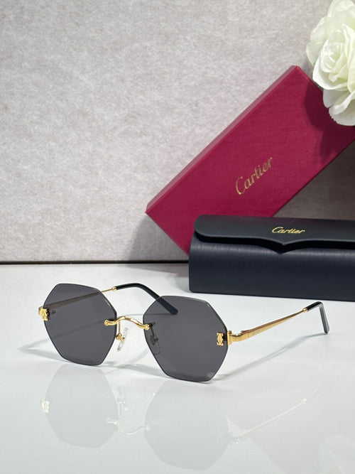 Hexagonal sunglasses with black frame and dark gray tinted lenses