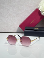 Hexagonal sunglasses with black frame and mauve tinted lenses