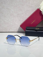Hexagonal sunglasses with black frame and light blue tinted lenses