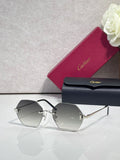 Hexagonal sunglasses with black frame and light gray tinted lenses