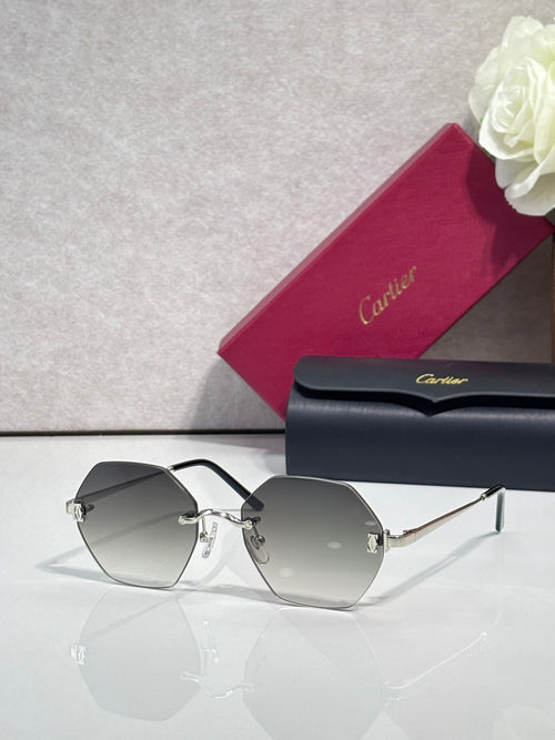 Hexagonal sunglasses with black frame and light gray tinted lenses
