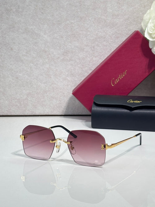 Cartier glasses with pink-tinted lenses, black frame, and gold-tone temples