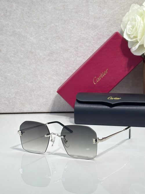 Cartier glasses with silver-gray lenses, dark frame, and gold-tone temples