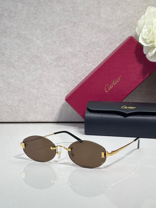 Round sunglasses with gold frame, dark temples, and brown tinted lenses