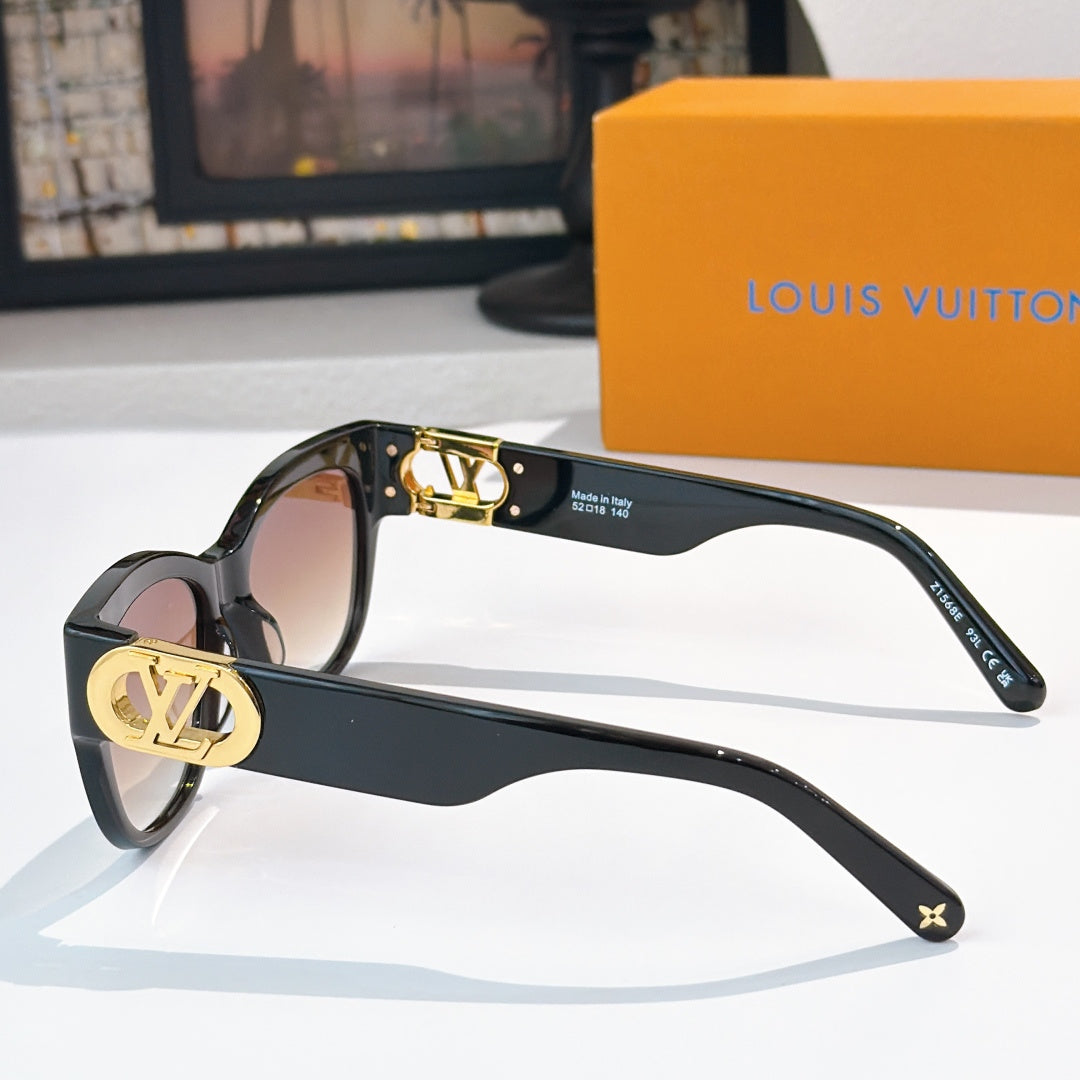 Black cat-eye sunglasses side view with gold LV logo plates and dark lenses