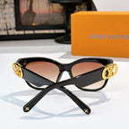 Black cat-eye sunglasses front view with gold LV logo hardware and rose lenses