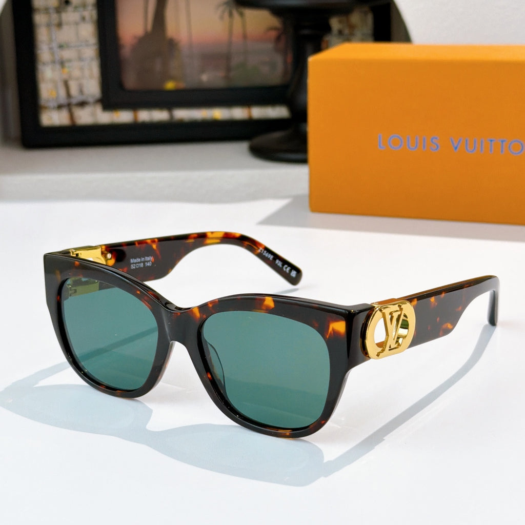 Black cat-eye sunglasses with tortoise temples, gold LV logo, teal tinted lenses
