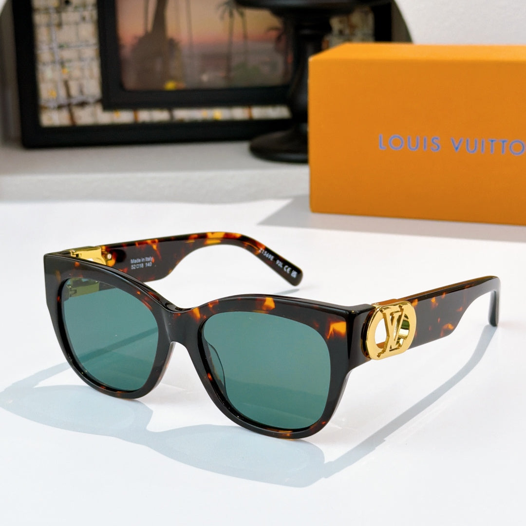 Black cat-eye sunglasses with tortoise temples, gold LV logo, teal tinted lenses