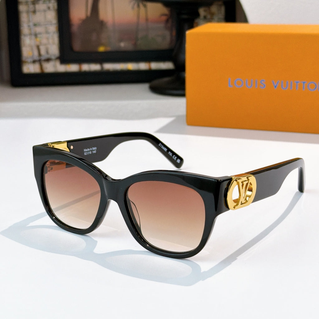 Black cat-eye sunglasses with tortoise temples and gold LV logo, rose-tinted lenses