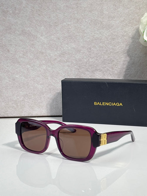 Purple square sunglasses with brown-tinted lenses and gold logo temple detail