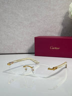 Eyeglass frame with clear lenses, gold-tone metal and patterned light-colored temples