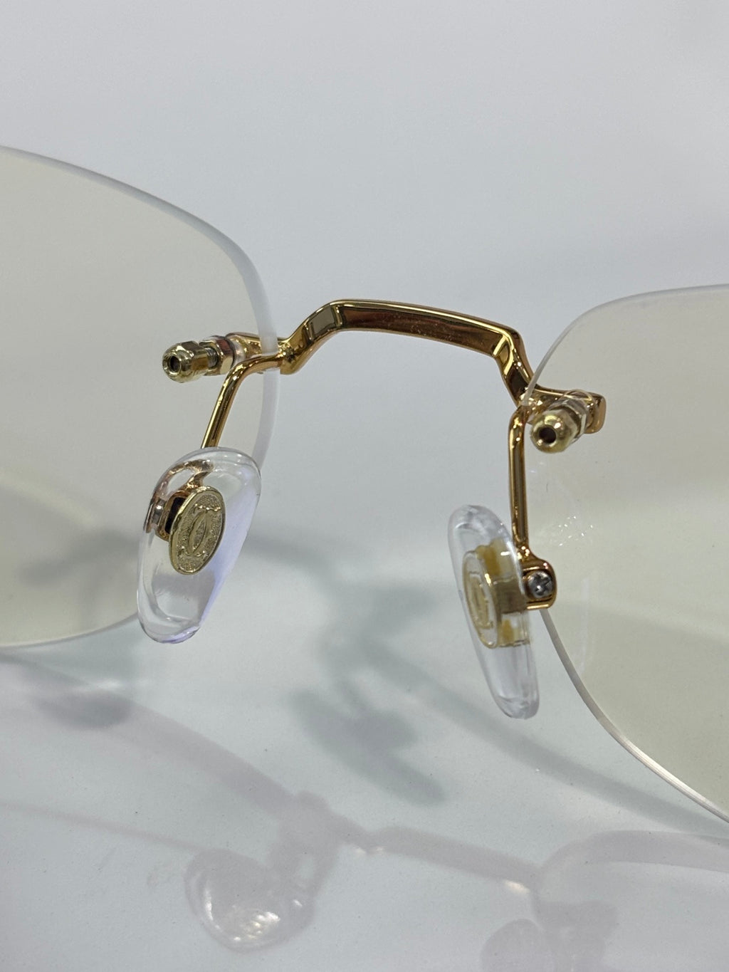 Eyeglass frame detail: clear lenses with gold-tone metal temples
