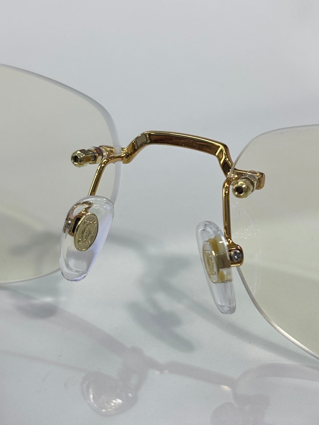 Eyeglass frame detail: clear lenses with gold-tone metal temples