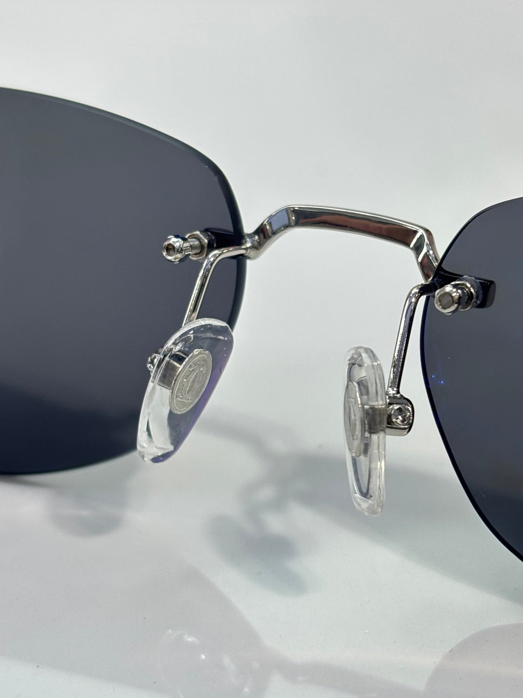 Cartier sunglasses close-up: dark lenses with silver temples and metal hinge hardware