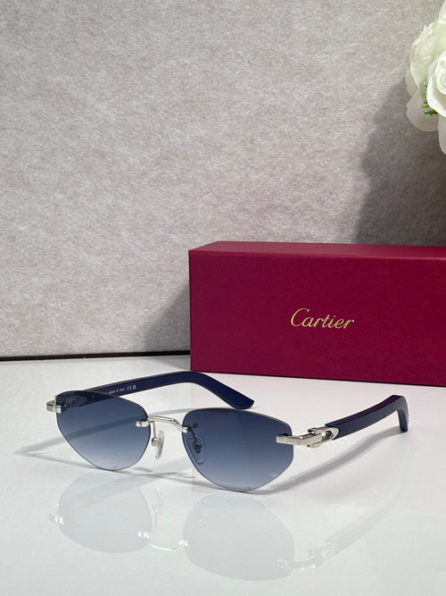 Cartier sunglasses with dark blue lenses and silver frame, gold accents and temples