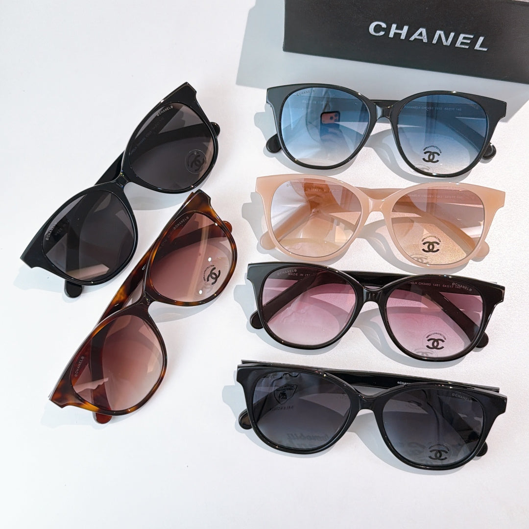 Chanel sunglasses assortment with assorted frames and tinted lenses, includes blue and pink