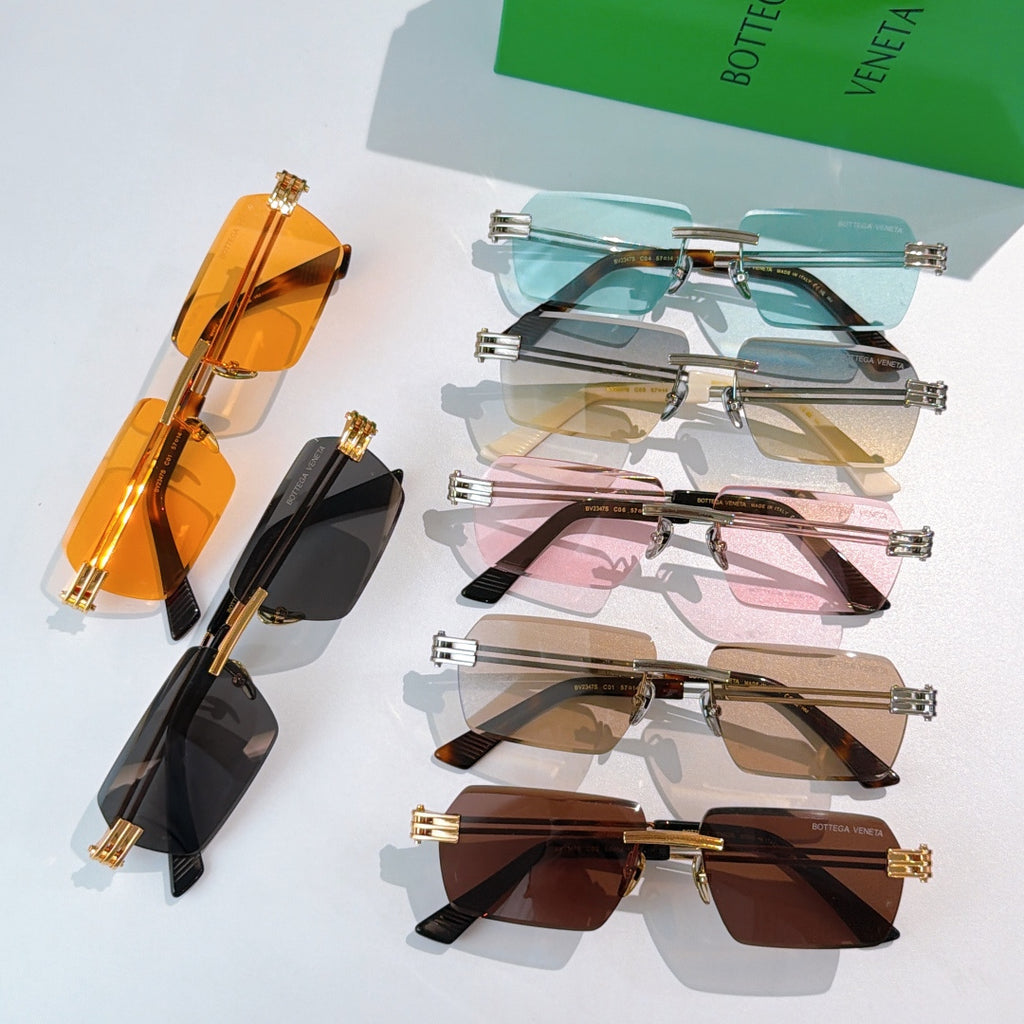 Bottega Veneta glasses assortment showing several colored frames and tinted lenses.