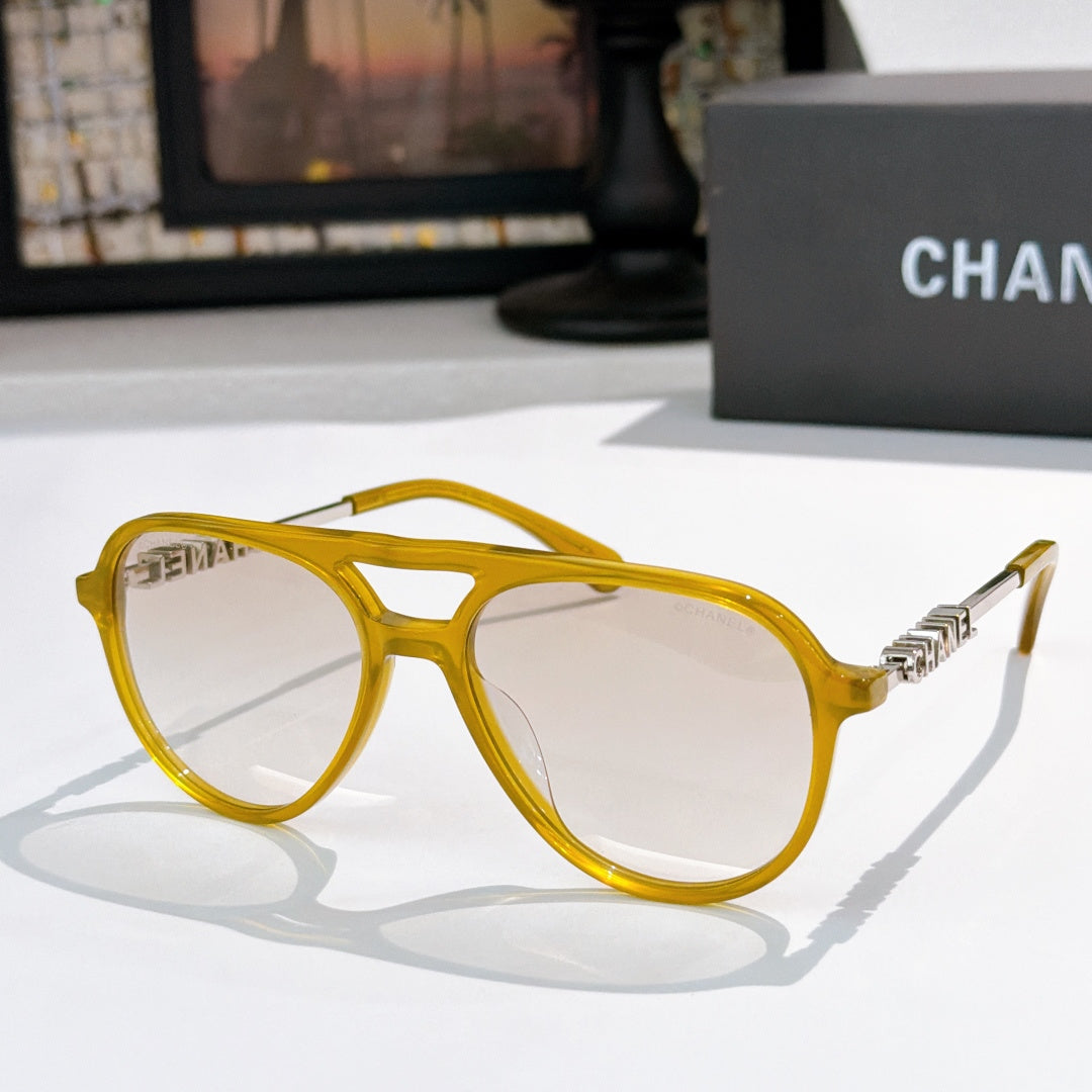 Eyeglasses with honey yellow frame and clear lenses with subtle light tint